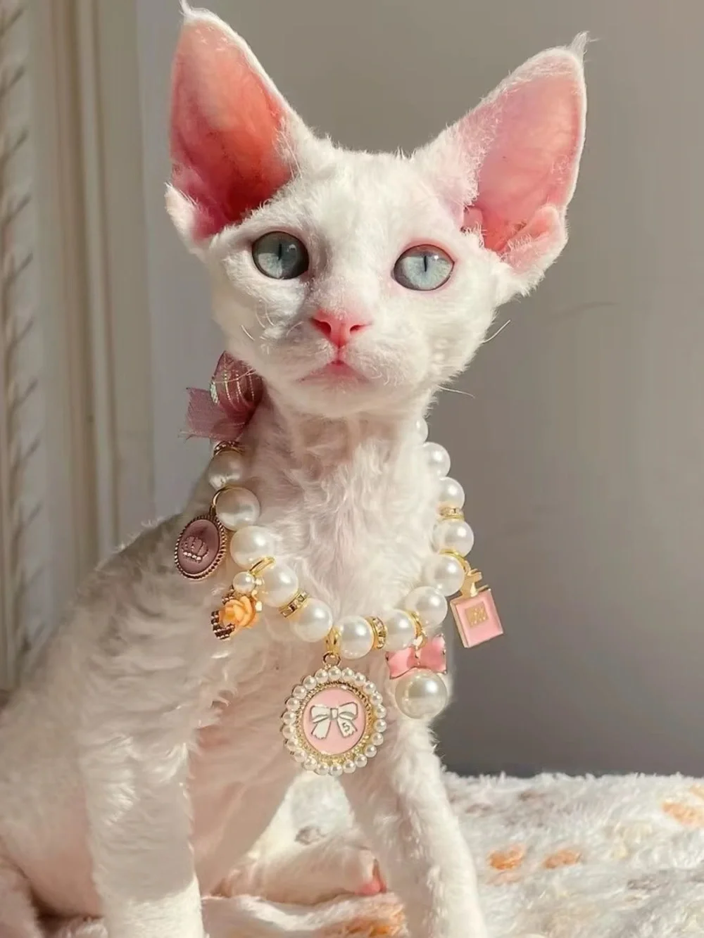 Cute Pearl Dog Cat Collar Necklace Pink and Gold Charms Pet Jewelry Adjustable